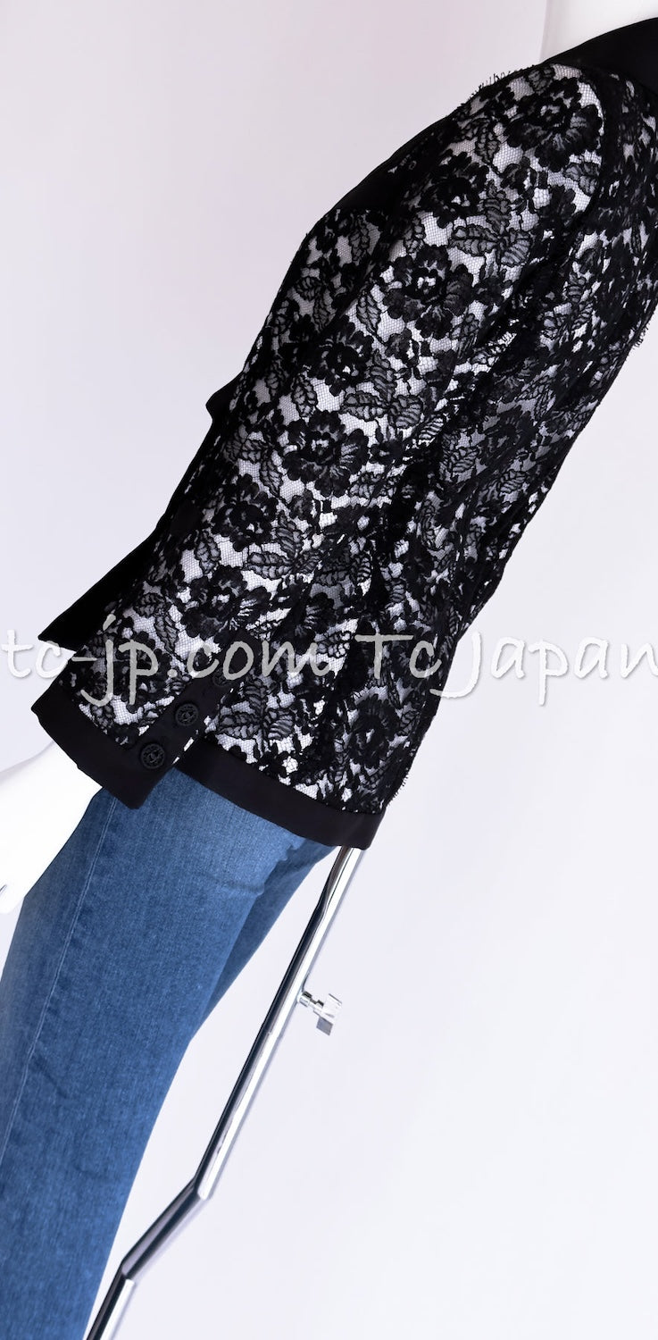CHANEL 14C Black White Floral Lace Party Double Jacket 34 36 シャネル ブラック ホワイト フローラル レース パーティー ダブル ジャケット 即発