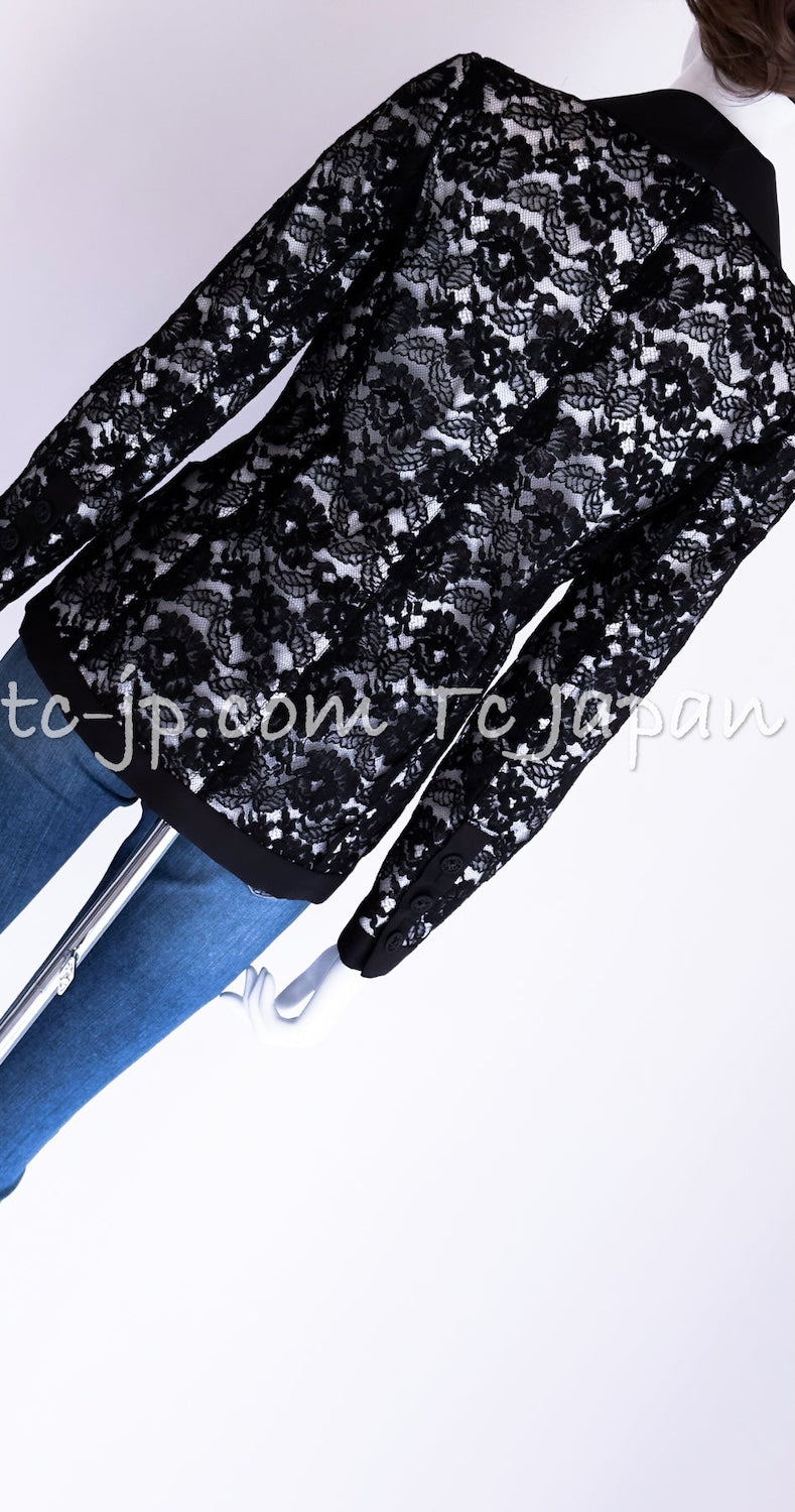 CHANEL 14C Black White Floral Lace Party Double Jacket 34 36 シャネル ブラック ホワイト フローラル レース パーティー ダブル ジャケット 即発