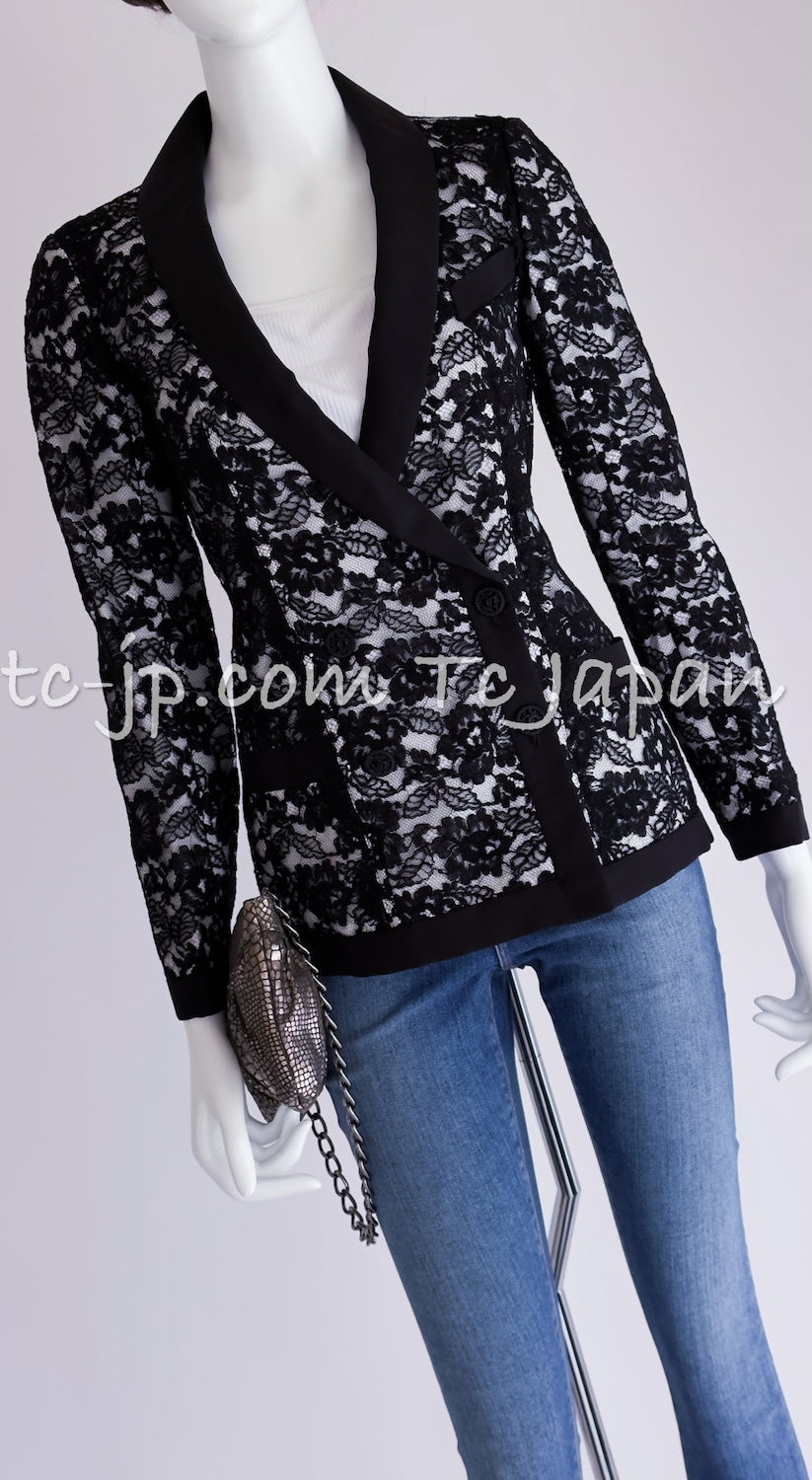 CHANEL 14C Black White Floral Lace Party Double Jacket 34 36 シャネル ブラック ホワイト フローラル レース パーティー ダブル ジャケット 即発
