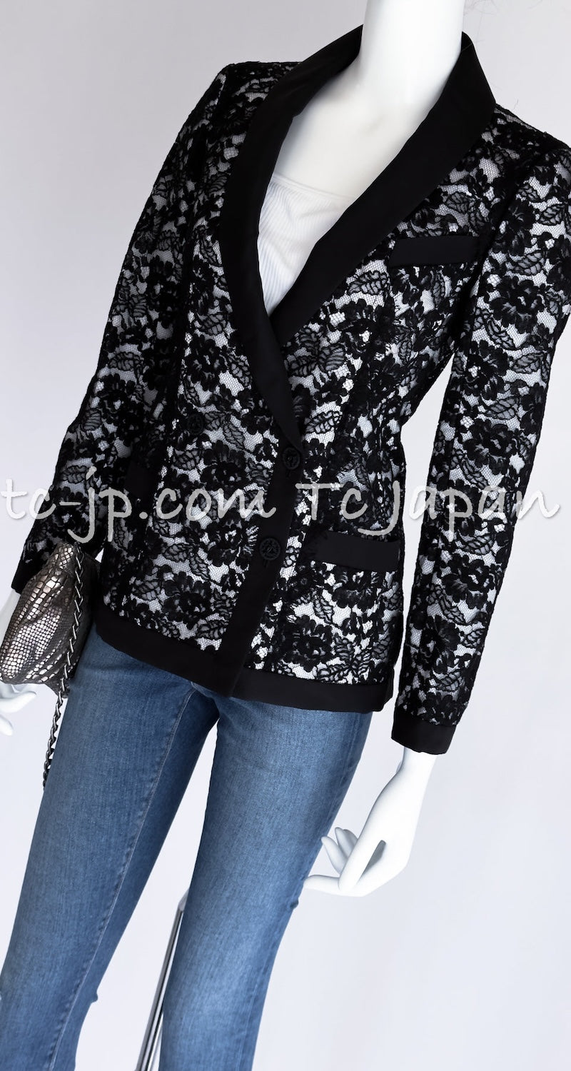 CHANEL 14C Black White Floral Lace Party Double Jacket 34 36 シャネル ブラック ホワイト フローラル レース パーティー ダブル ジャケット 即発