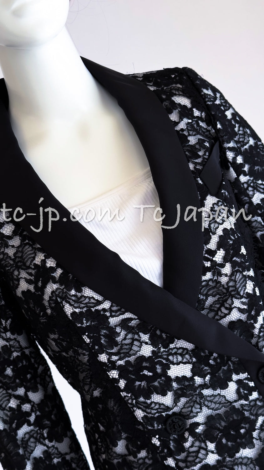 CHANEL 14C Black White Floral Lace Party Double Jacket 34 36 シャネル ブラック ホワイト フローラル レース パーティー ダブル ジャケット 即発