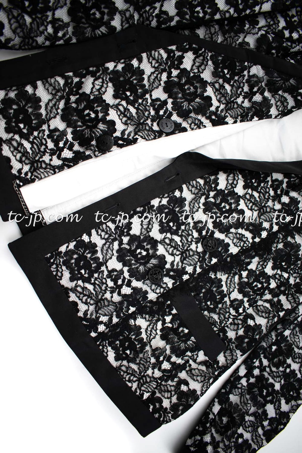 CHANEL 14C Black White Floral Lace Party Double Jacket 34 36 シャネル ブラック ホワイト フローラル レース パーティー ダブル ジャケット 即発