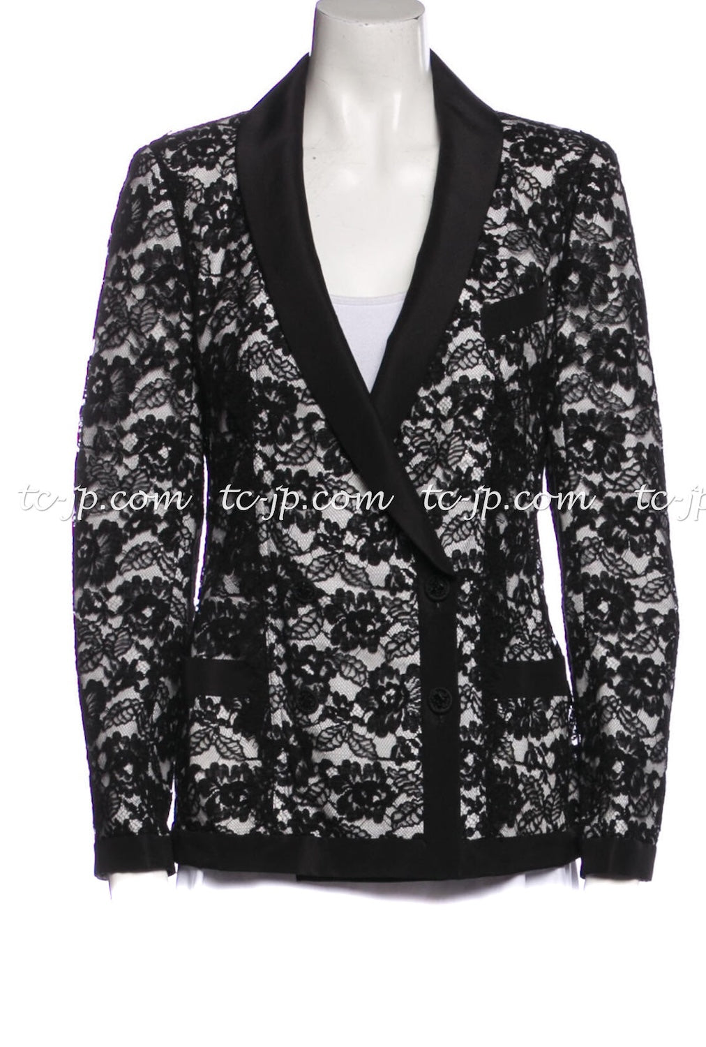 CHANEL 14C Black White Floral Lace Party Double Jacket 34 36 シャネル ブラック ホワイト フローラル レース パーティー ダブル ジャケット 即発