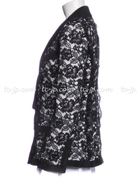 CHANEL 14C Black White Floral Lace Party Double Jacket 34 36 シャネル ブラック ホワイト フローラル レース パーティー ダブル ジャケット 即発