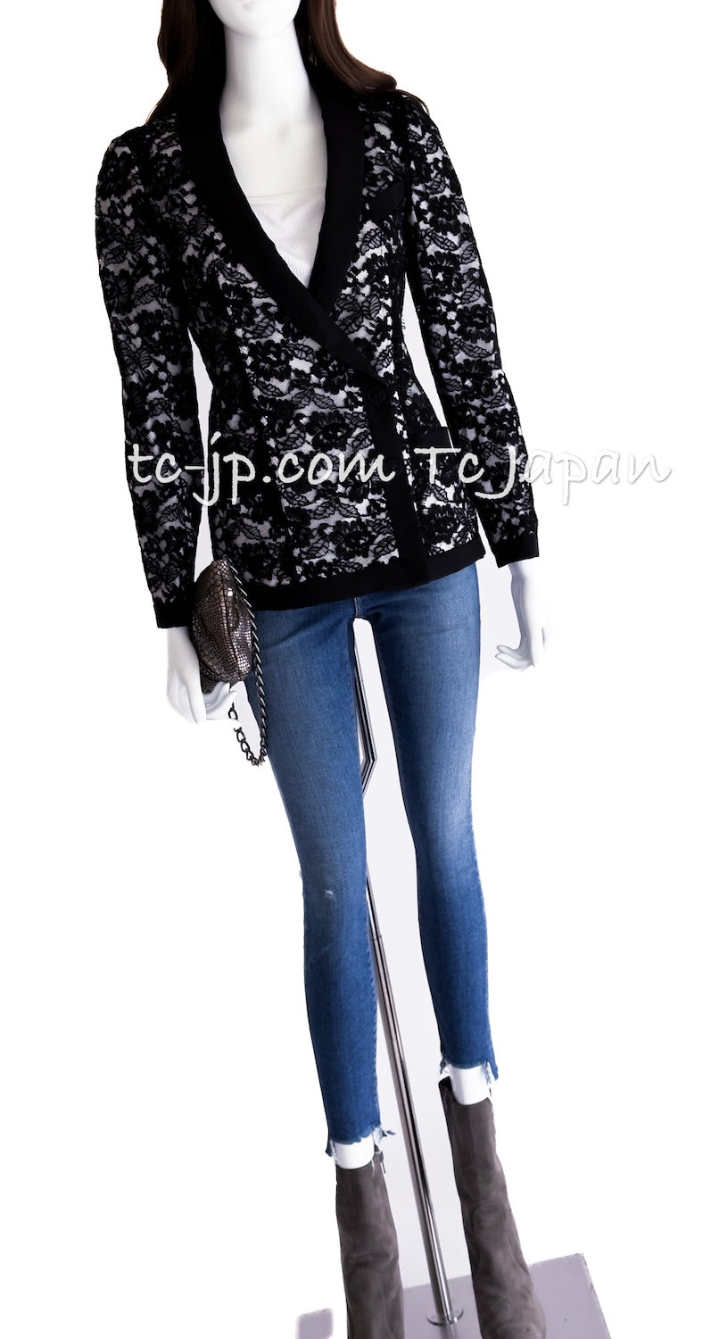 CHANEL 14C Black White Floral Lace Party Double Jacket 34 36 シャネル ブラック ホワイト フローラル レース パーティー ダブル ジャケット 即発