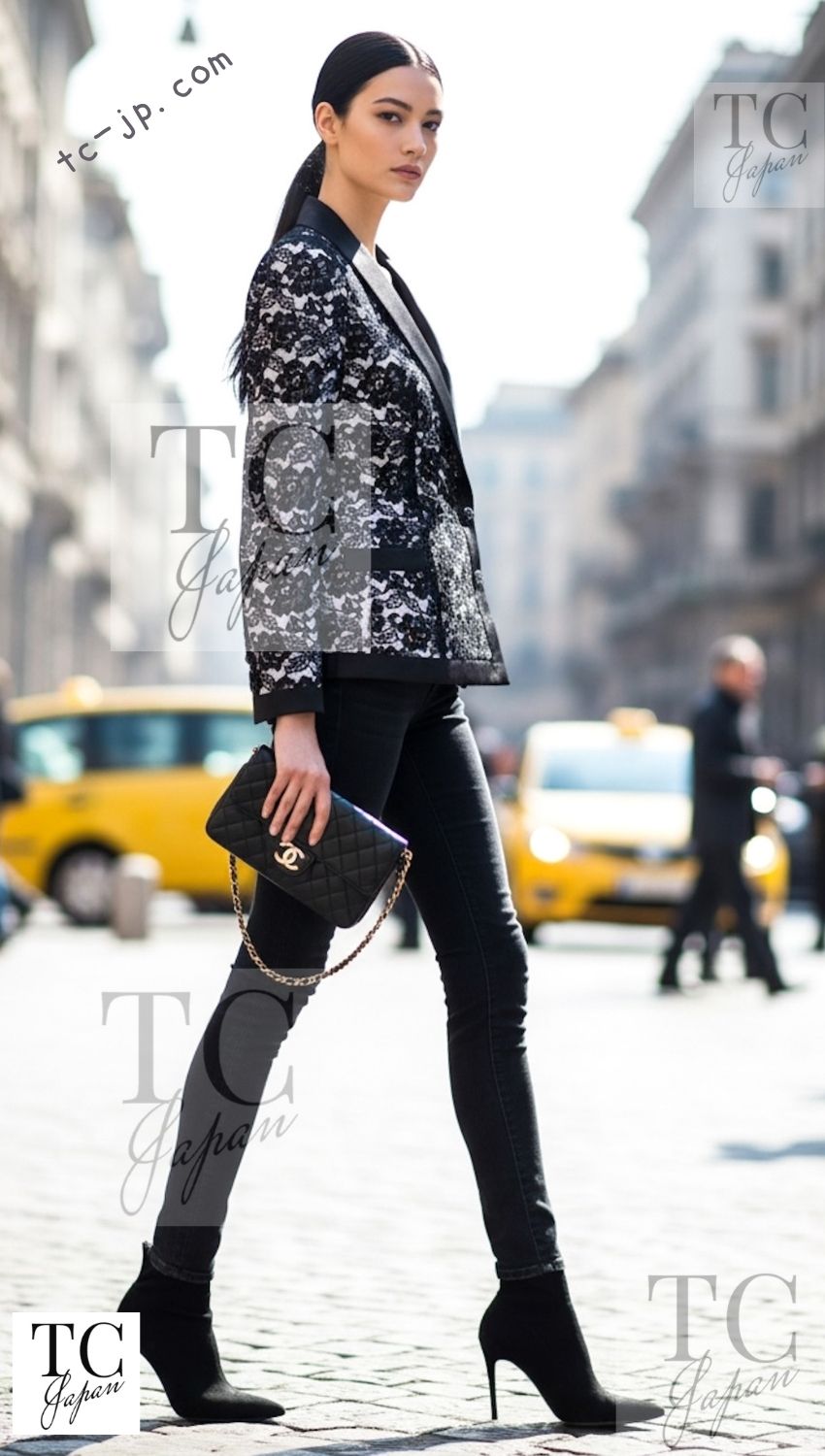 シャネル ジャケット CHANEL ブラック ホワイト フローラル レース 