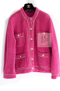 CHANEL 22PA Pink Knit CC Logo Buttons Chain Trim Cardigan Jacket 34 36 38 シャネル ピンク ニット ココ ボタン チェーントリム カーディガン ジャケット 即発