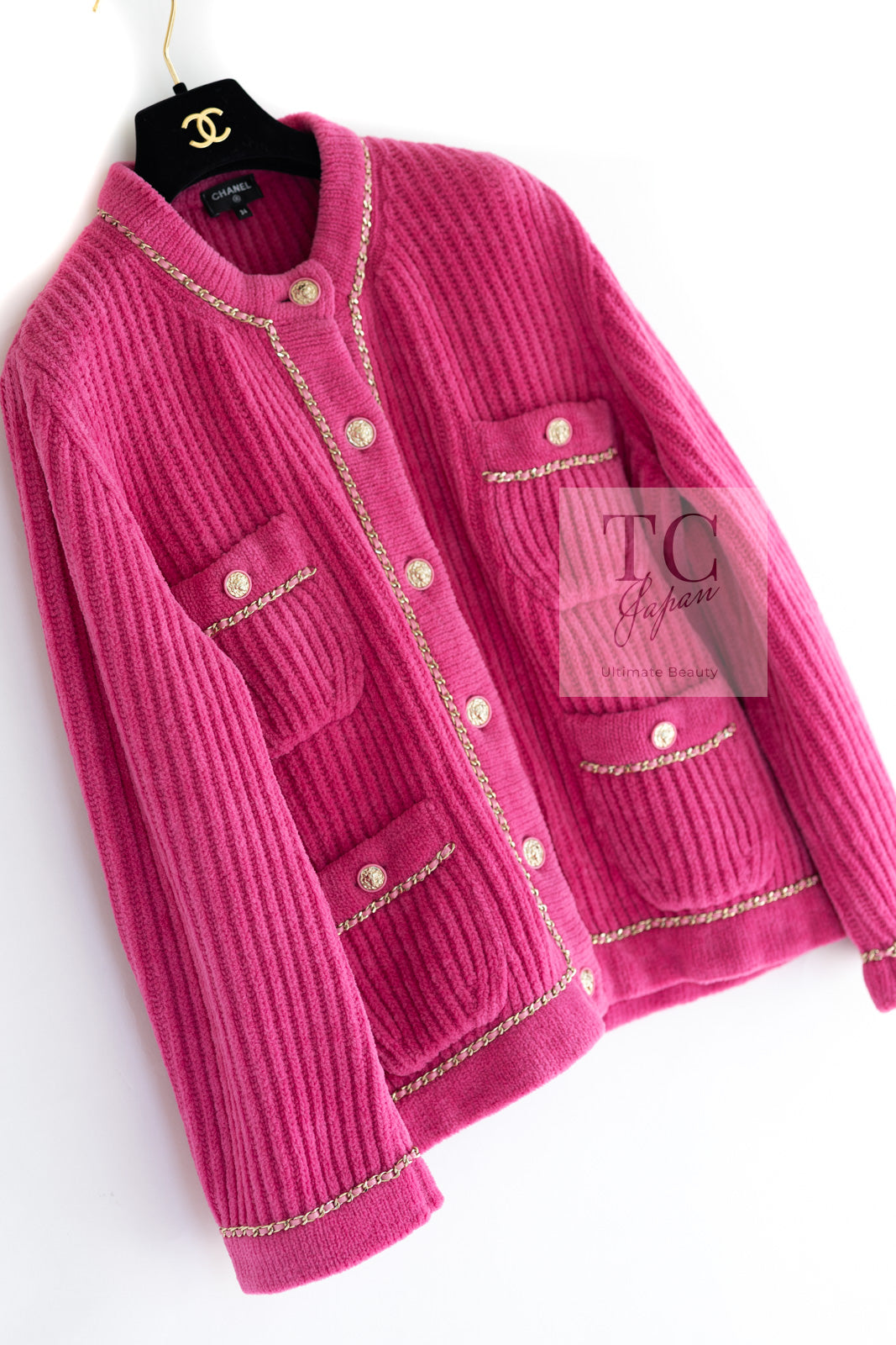 CHANEL 22PA Pink Knit CC Logo Buttons Chain Trim Cardigan Jacket 34 36 38 シャネル ピンク ニット ココ ボタン チェーントリム カーディガン ジャケット 即発