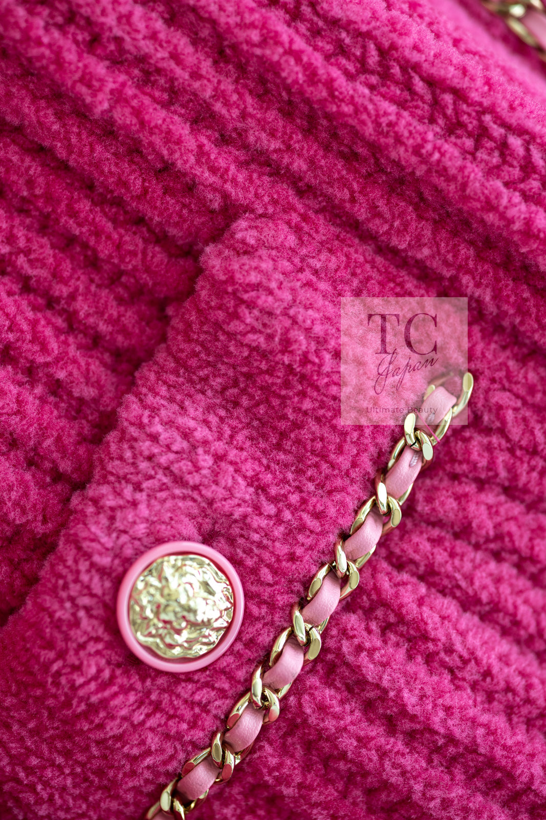 CHANEL 22PA Pink Knit CC Logo Buttons Chain Trim Cardigan Jacket 34 36 38 シャネル ピンク ニット ココ ボタン チェーントリム カーディガン ジャケット 即発