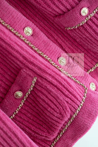CHANEL 22PA Pink Knit CC Logo Buttons Chain Trim Cardigan Jacket 34 36 38 シャネル ピンク ニット ココ ボタン チェーントリム カーディガン ジャケット 即発