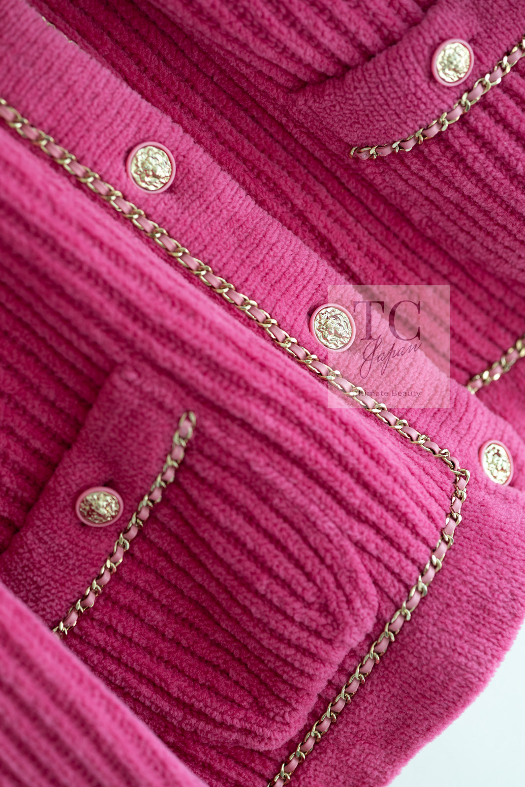 CHANEL 22PA Pink Knit CC Logo Buttons Chain Trim Cardigan Jacket 34 36 38 シャネル ピンク ニット ココ ボタン チェーントリム カーディガン ジャケット 即発