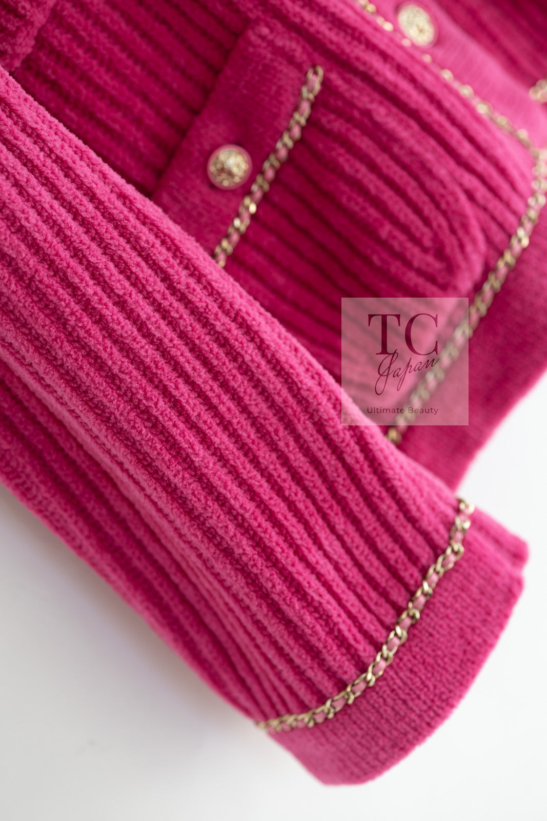 CHANEL 22PA Pink Knit CC Logo Buttons Chain Trim Cardigan Jacket 34 36 38 シャネル ピンク ニット ココ ボタン チェーントリム カーディガン ジャケット 即発