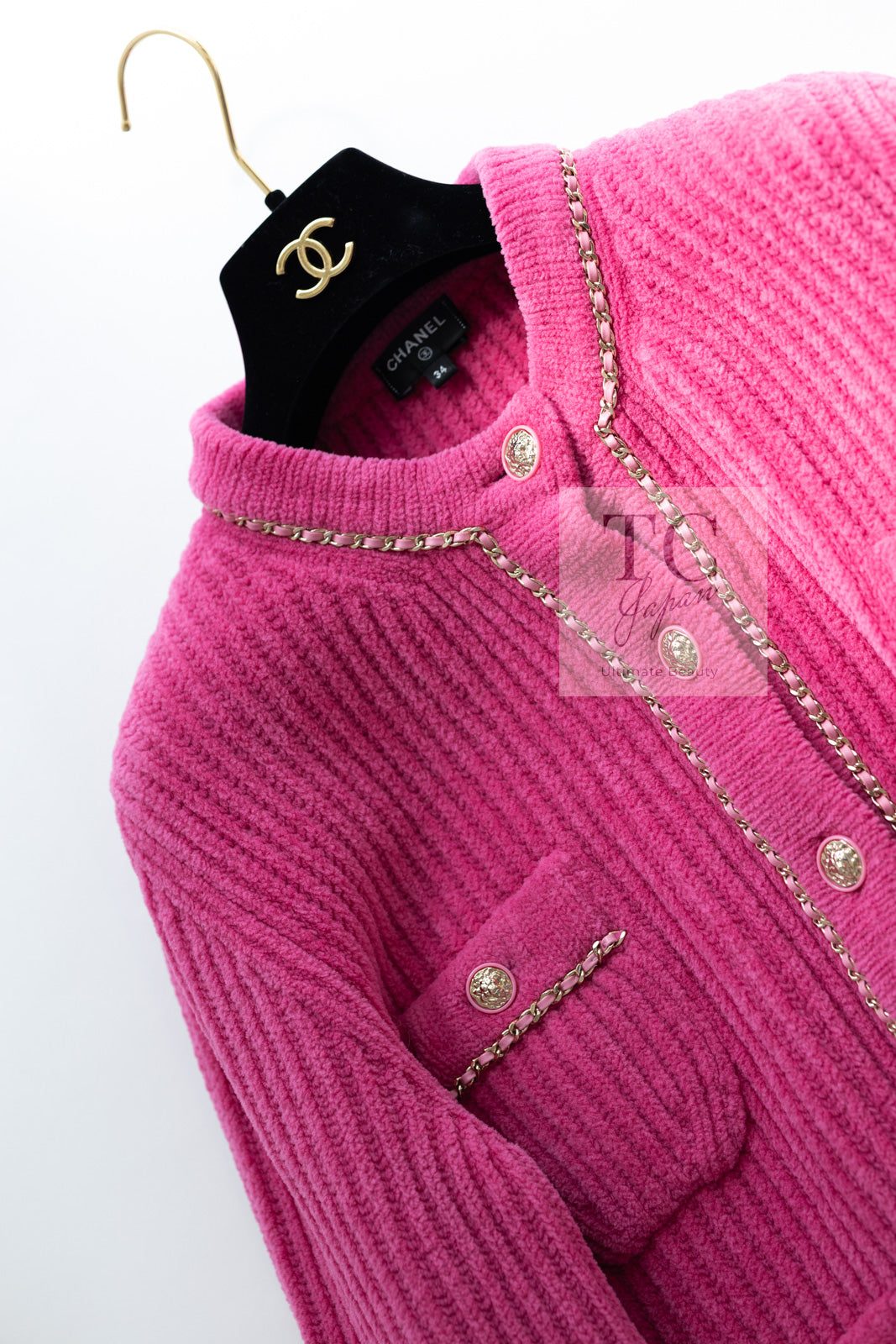 CHANEL 22PA Pink Knit CC Logo Buttons Chain Trim Cardigan Jacket 34 36 38 シャネル ピンク ニット ココ ボタン チェーントリム カーディガン ジャケット 即発