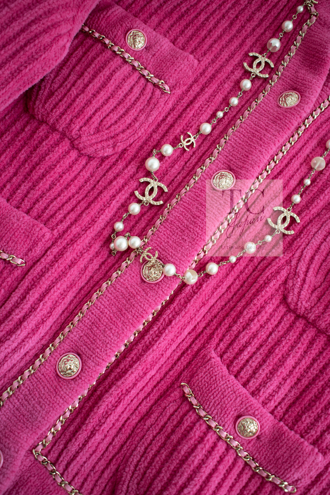 CHANEL 22PA Pink Knit CC Logo Buttons Chain Trim Cardigan Jacket 34 36 38 シャネル ピンク ニット ココ ボタン チェーントリム カーディガン ジャケット 即発