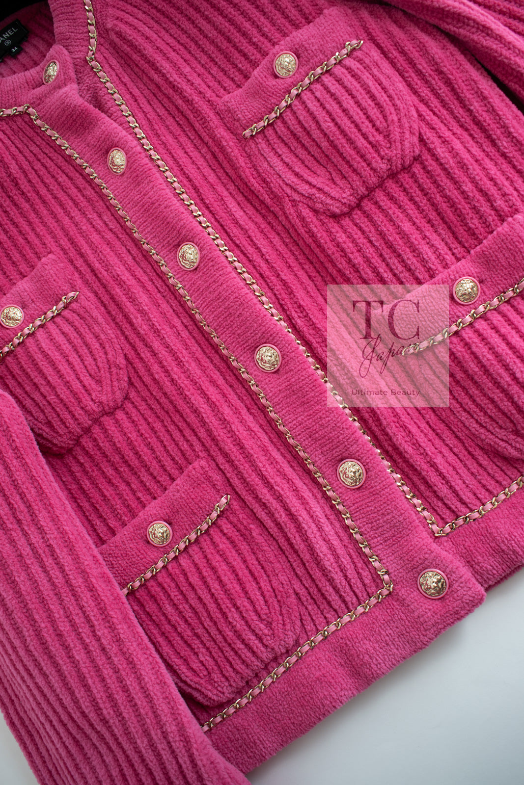 CHANEL 22PA Pink Knit CC Logo Buttons Chain Trim Cardigan Jacket 34 36 38 シャネル ピンク ニット ココ ボタン チェーントリム カーディガン ジャケット 即発