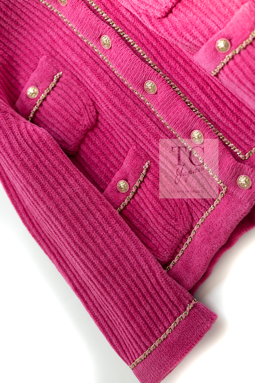 CHANEL 22PA Pink Knit CC Logo Buttons Chain Trim Cardigan Jacket 34 36 38 シャネル ピンク ニット ココ ボタン チェーントリム カーディガン ジャケット 即発