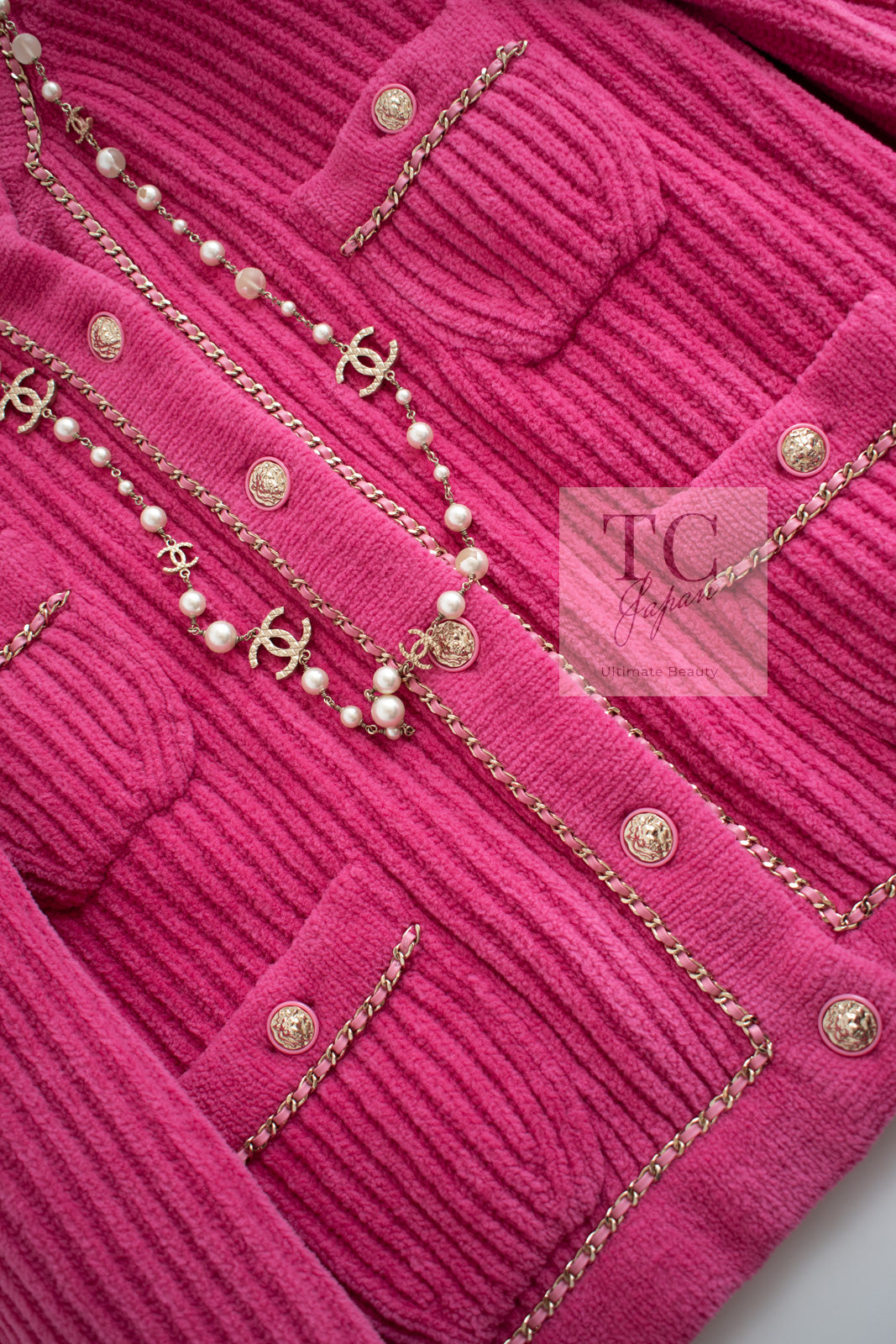 CHANEL 22PA Pink Knit CC Logo Buttons Chain Trim Cardigan Jacket 34 36 38 シャネル ピンク ニット ココ ボタン チェーントリム カーディガン ジャケット 即発
