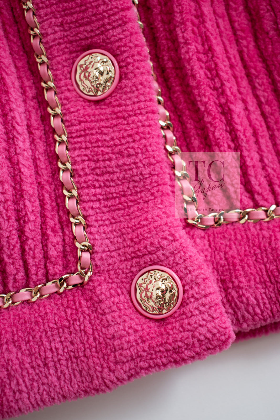 CHANEL 22PA Pink Knit CC Logo Buttons Chain Trim Cardigan Jacket 34 36 38 シャネル ピンク ニット ココ ボタン チェーントリム カーディガン ジャケット 即発