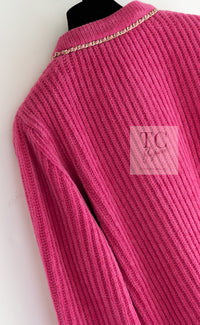 CHANEL 22PA Pink Knit CC Logo Buttons Chain Trim Cardigan Jacket 34 36 38 シャネル ピンク ニット ココ ボタン チェーントリム カーディガン ジャケット 即発