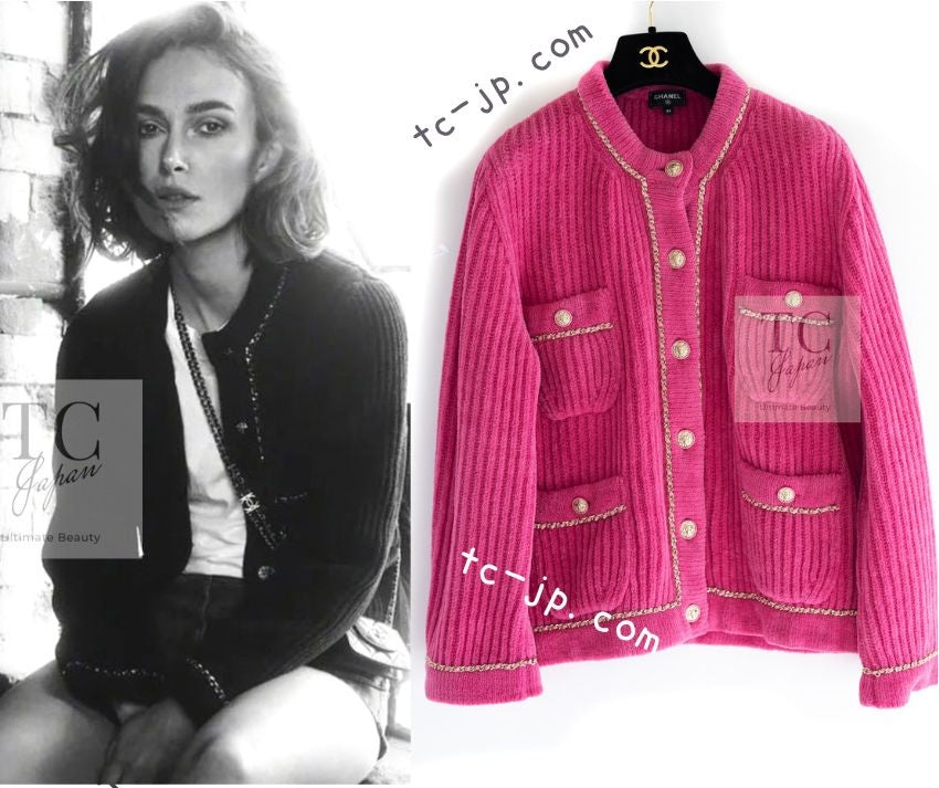 CHANEL 22PA Pink Knit CC Logo Buttons Chain Trim Cardigan Jacket 34 36 38 シャネル ピンク ニット ココ ボタン チェーントリム カーディガン ジャケット 即発