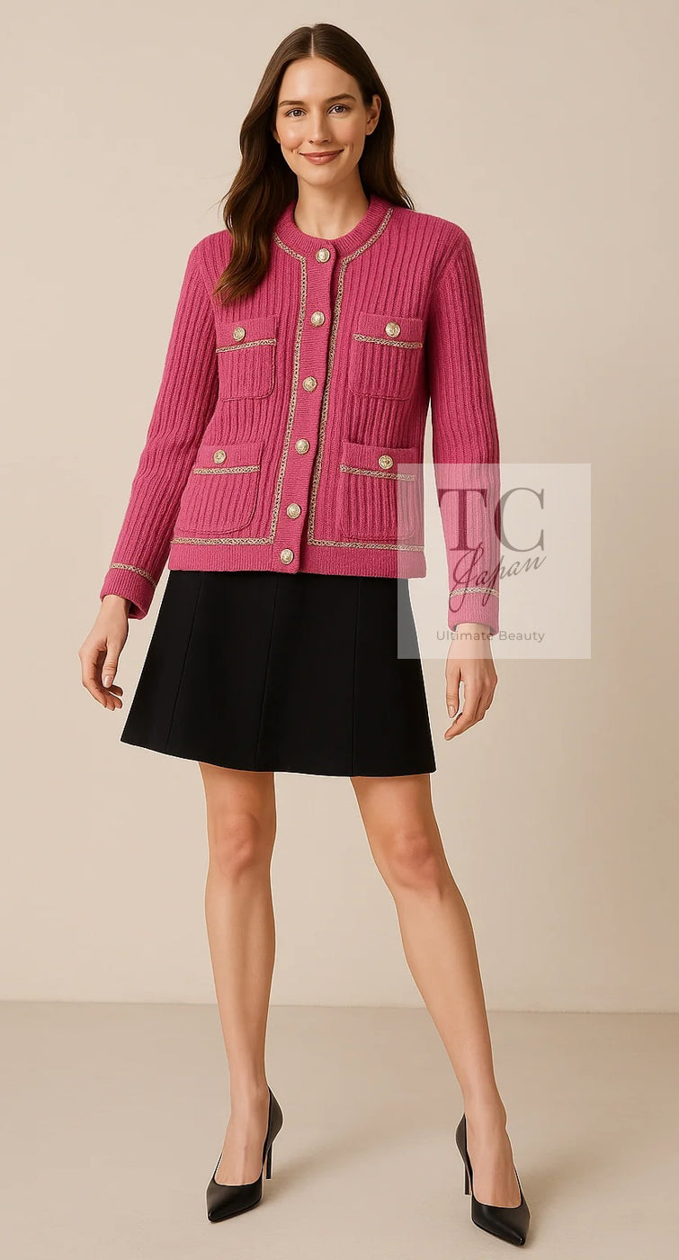 CHANEL 22PA Pink Knit CC Logo Buttons Chain Trim Cardigan Jacket 34 36 38 シャネル ピンク ニット ココ ボタン チェーントリム カーディガン ジャケット 即発