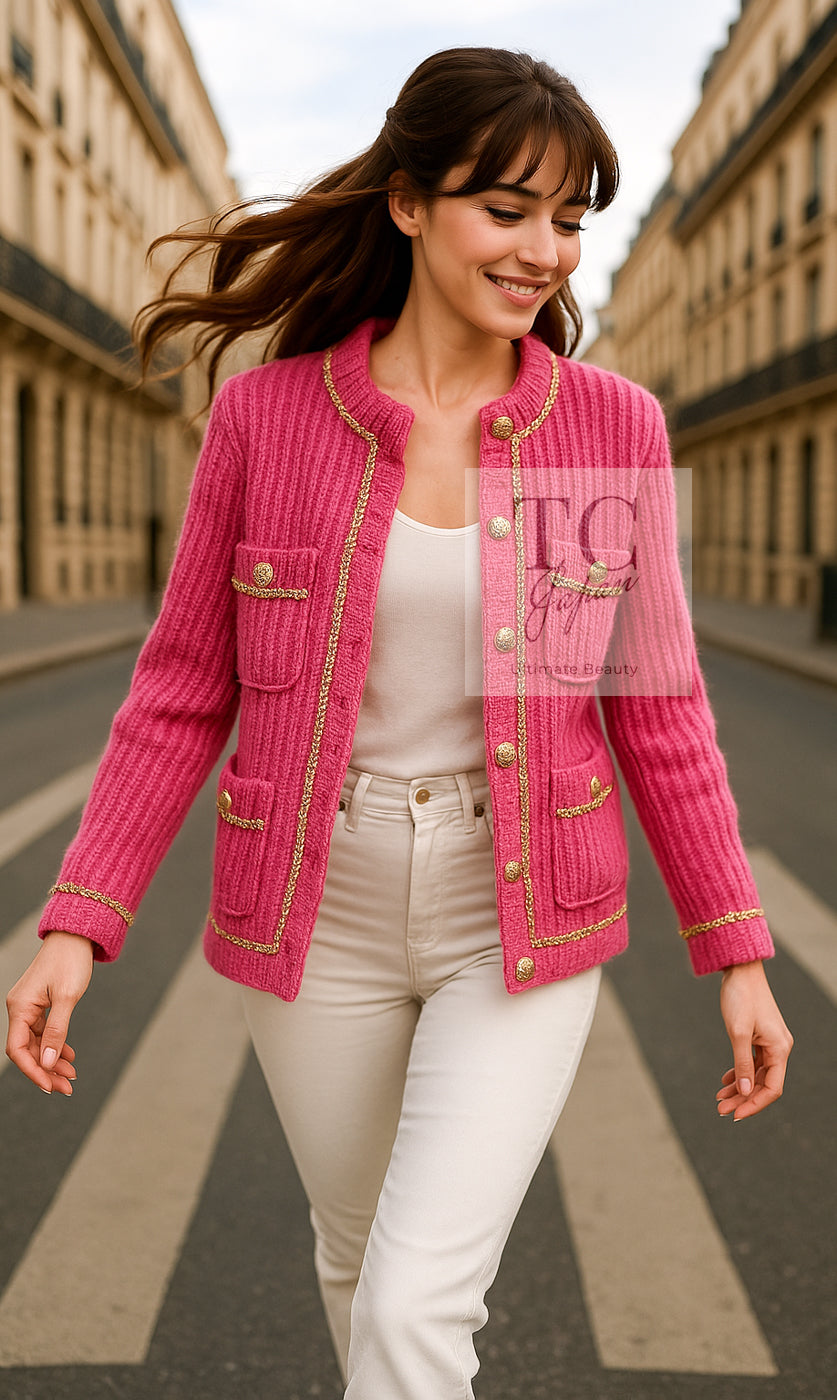 CHANEL 22PA Pink Knit CC Logo Buttons Chain Trim Cardigan Jacket 34 36 38 シャネル ピンク ニット ココ ボタン チェーントリム カーディガン ジャケット 即発