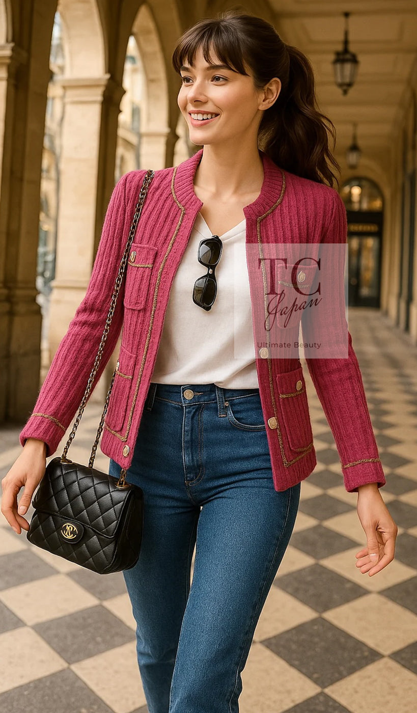 CHANEL 22PA Pink Knit CC Logo Buttons Chain Trim Cardigan Jacket 34 36 38 シャネル ピンク ニット ココ ボタン チェーントリム カーディガン ジャケット 即発