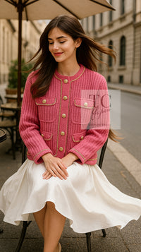CHANEL 22PA Pink Knit CC Logo Buttons Chain Trim Cardigan Jacket 34 36 38 シャネル ピンク ニット ココ ボタン チェーントリム カーディガン ジャケット 即発