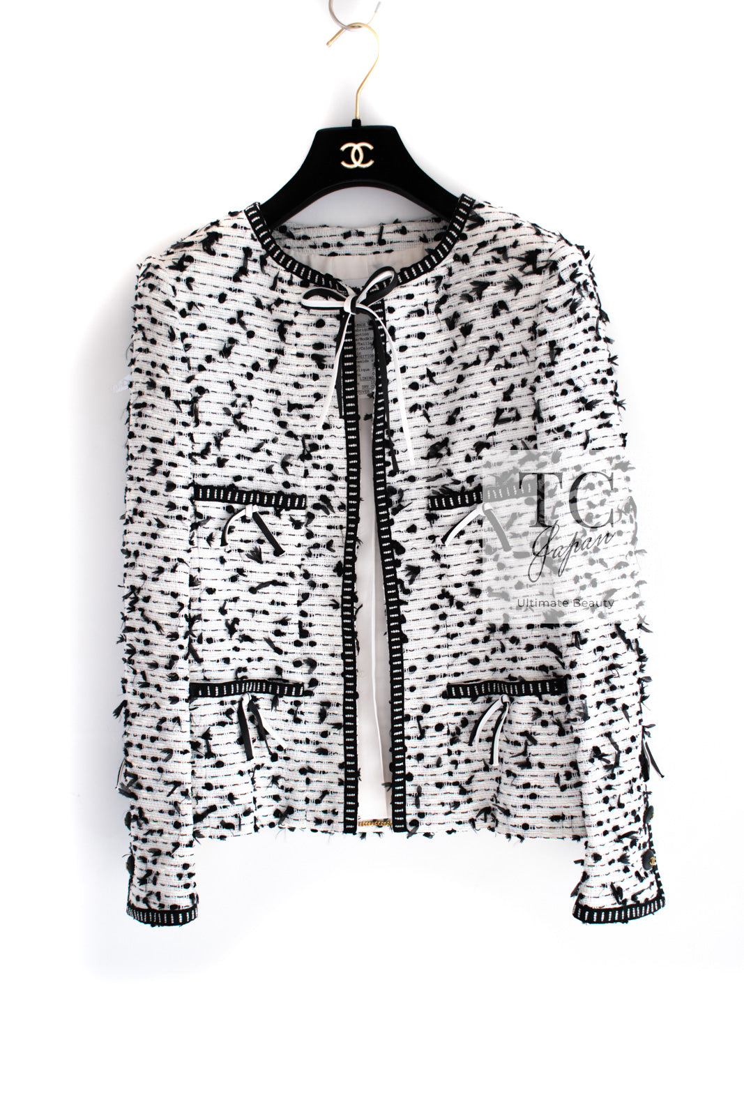 CHANEL 95C Vintage White Black Ribbon Tweed Jacket 34 シャネル ヴィンテージ ホワイト ブラック リボン ツイード ジャケット 即発