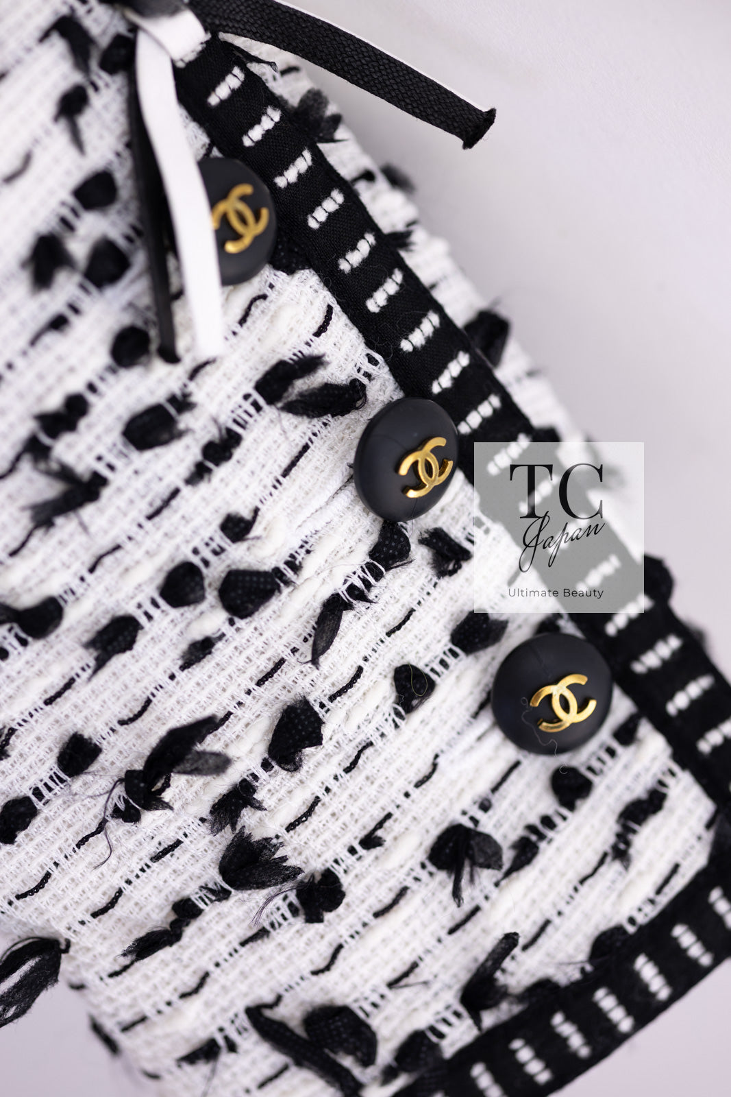 CHANEL 95C Vintage White Black Ribbon Tweed Jacket 34 シャネル ヴィンテージ ホワイト ブラック リボン ツイード ジャケット 即発