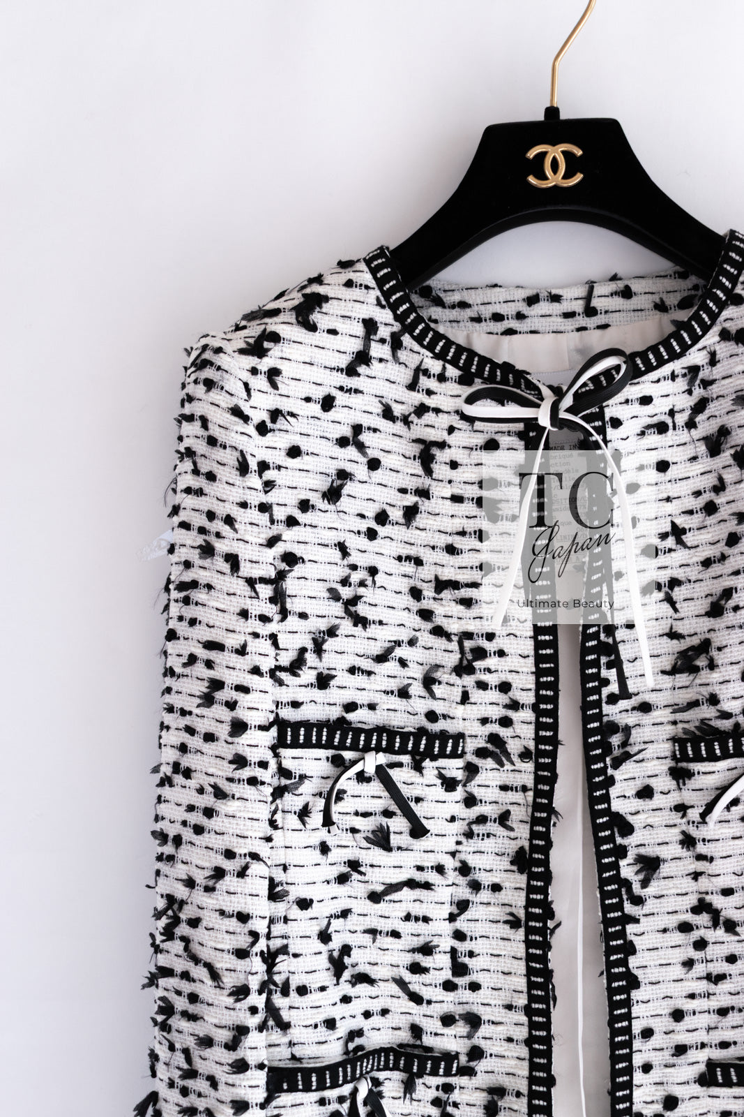 CHANEL 95C Vintage White Black Ribbon Tweed Jacket 34 シャネル ヴィンテージ ホワイト ブラック リボン ツイード ジャケット 即発