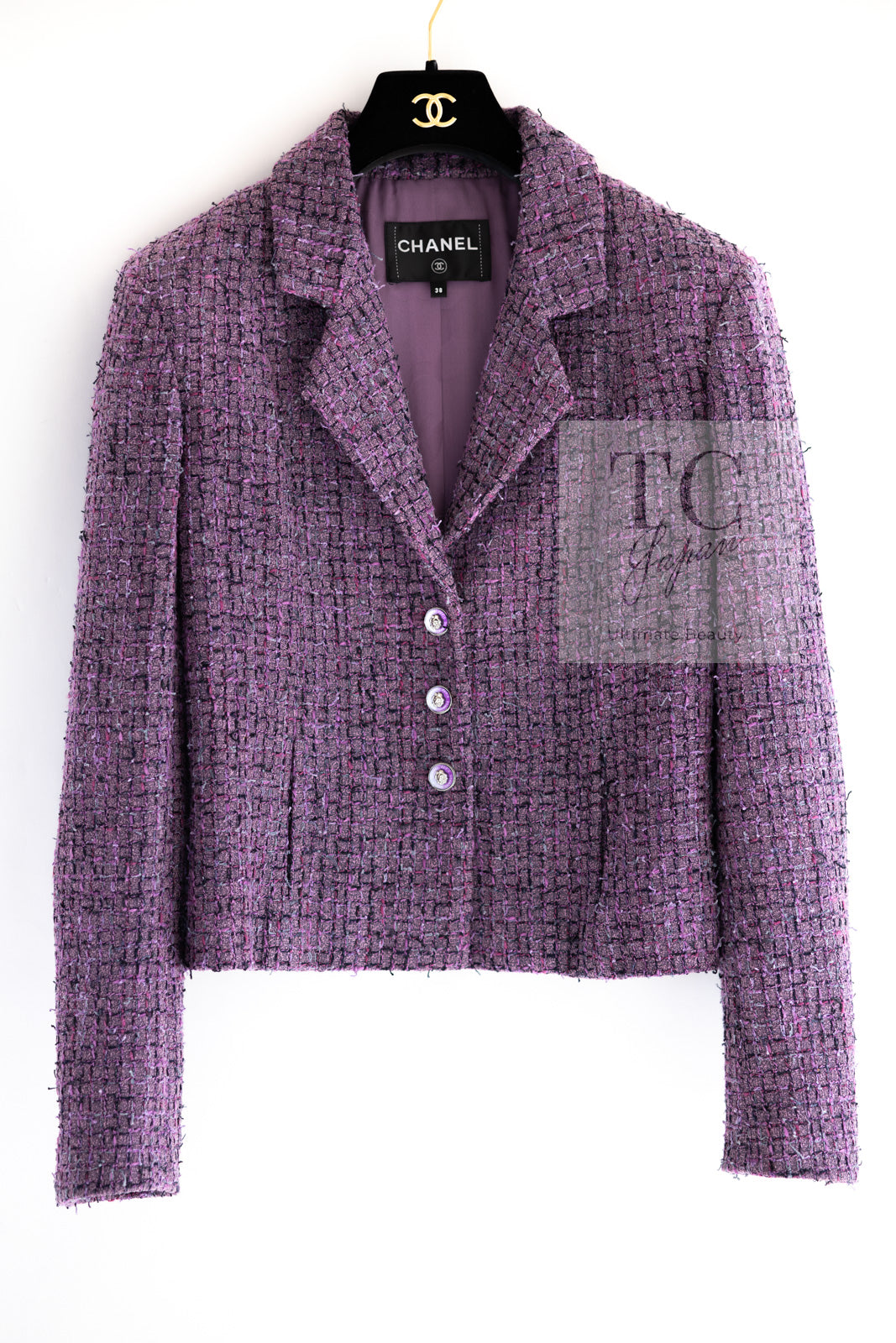CHANEL 22PS Purple Lion Button Wool Cotton Tweed Jacket 38 シャネル パープル ライオン ボタン ウール コットン ツイード ジャケット 即発