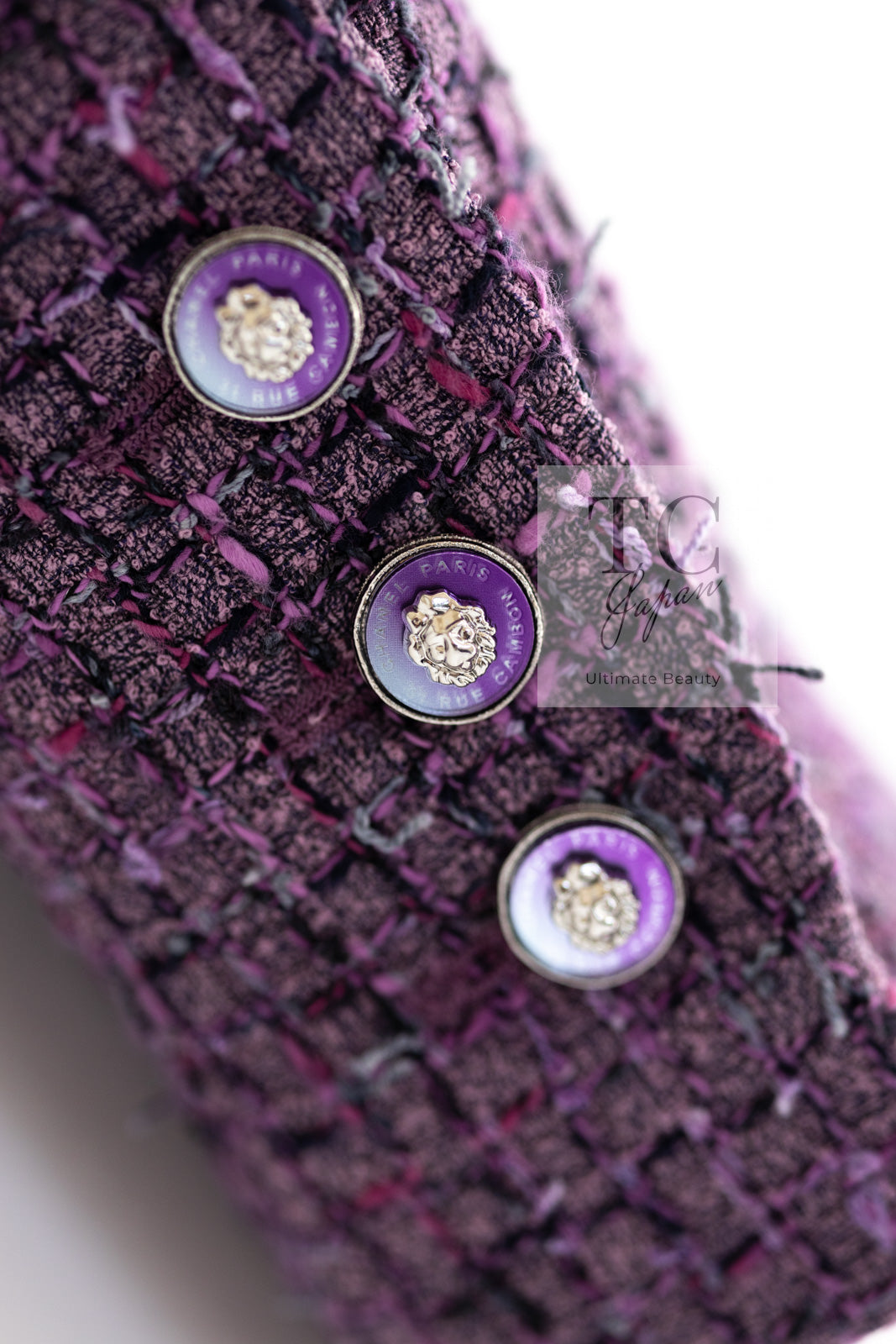CHANEL 22PS Purple Lion Button Wool Cotton Tweed Jacket 38 シャネル パープル ライオン ボタン ウール コットン ツイード ジャケット 即発