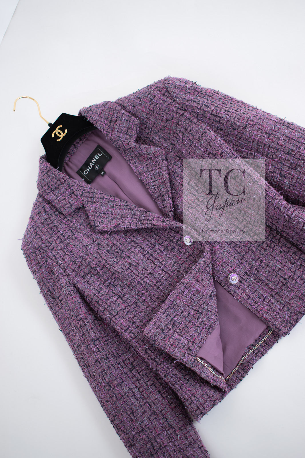 CHANEL 22PS Purple Lion Button Wool Cotton Tweed Jacket 38 シャネル パープル ライオン ボタン ウール コットン ツイード ジャケット 即発