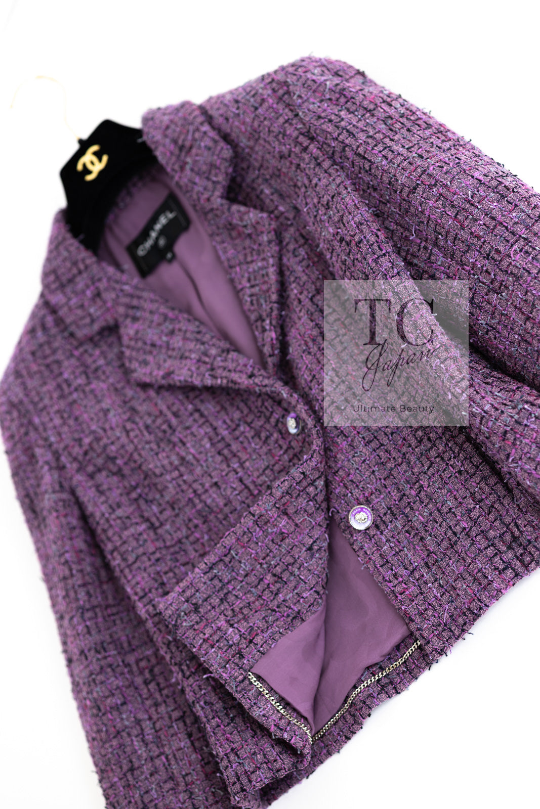 CHANEL 22PS Purple Lion Button Wool Cotton Tweed Jacket 38 シャネル パープル ライオン ボタン ウール コットン ツイード ジャケット 即発