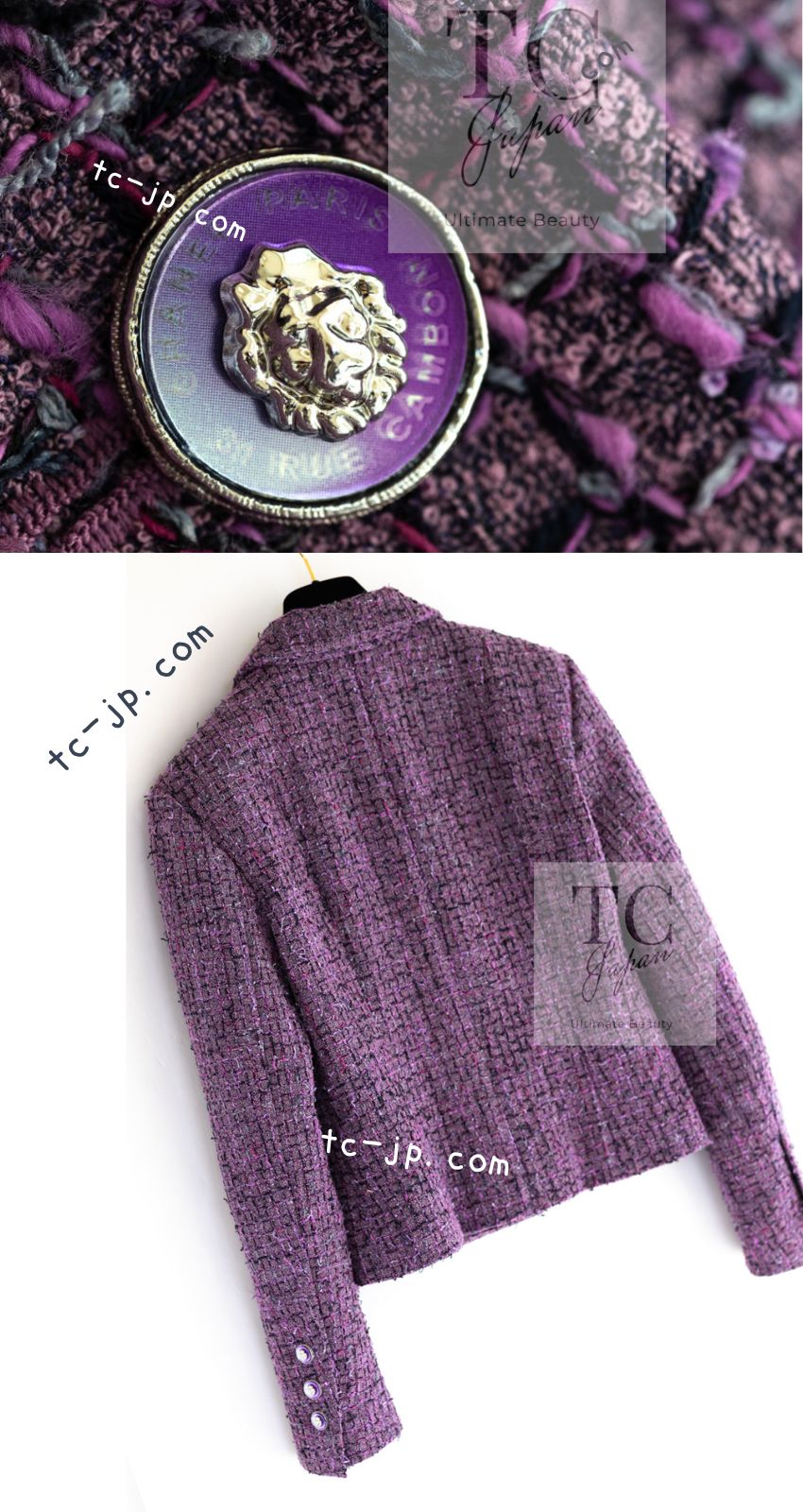 CHANEL 22PS Purple Lion Button Wool Cotton Tweed Jacket 38 シャネル パープル ライオン ボタン ウール コットン ツイード ジャケット 即発