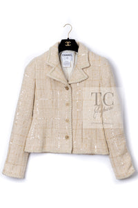 CHANEL 01A Ivory Beige Sequin Wool Tweed Jacket 38 シャネル アイボリー ベージュ スパンコール ウール ツイード ジャケット 即発