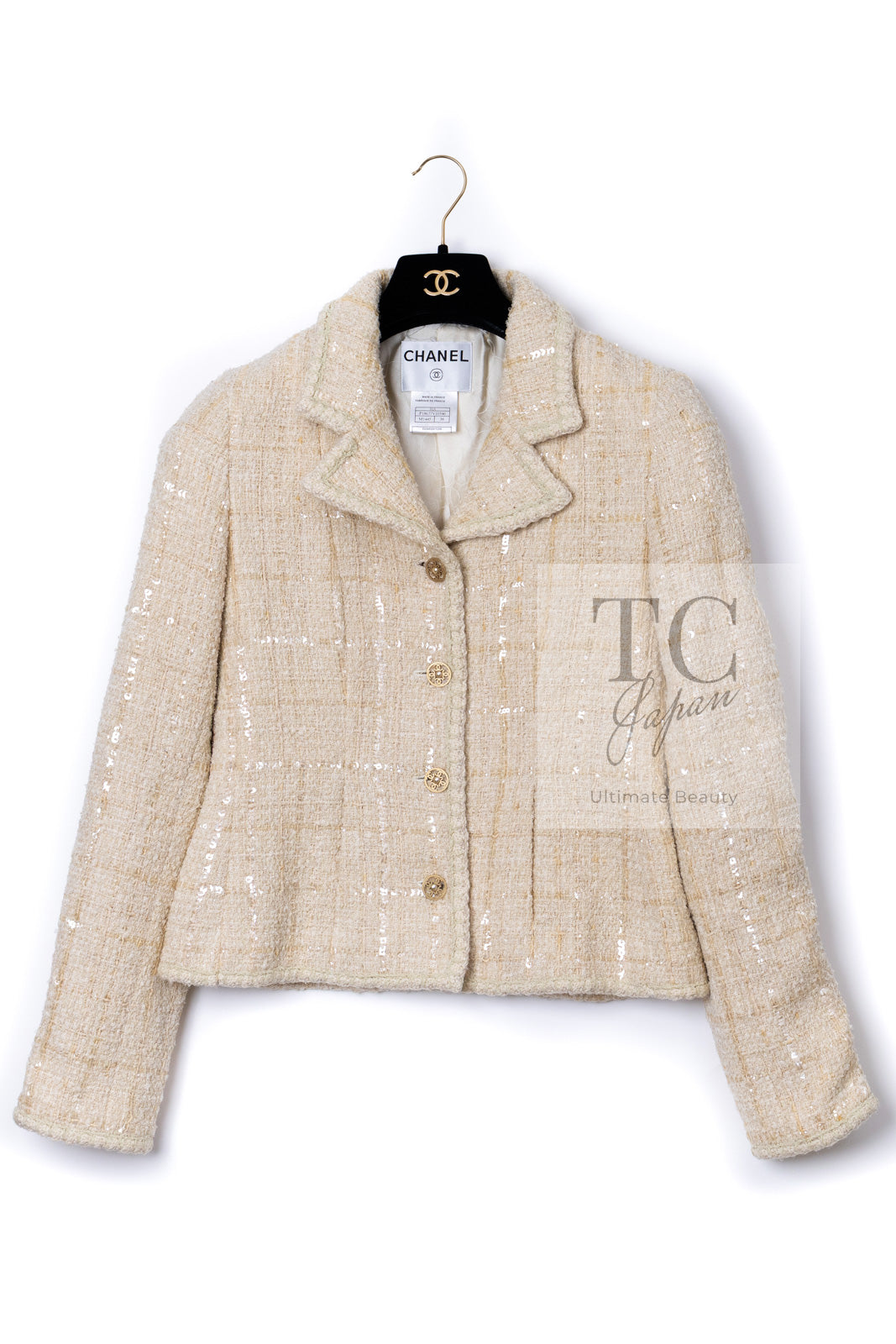 CHANEL 01A Ivory Beige Sequin Wool Tweed Jacket 38 シャネル アイボリー ベージュ スパンコール ウール ツイード ジャケット 即発