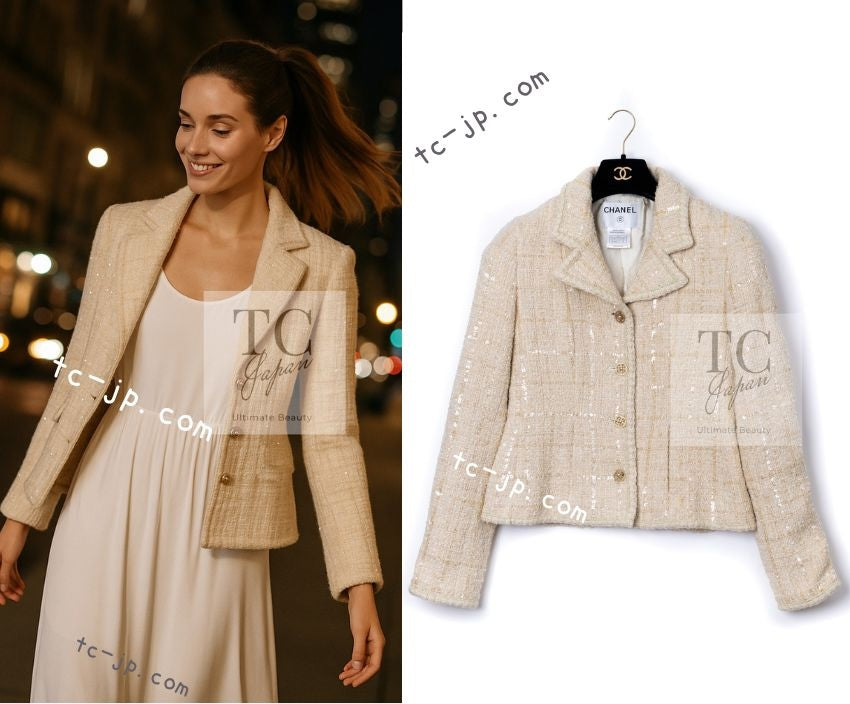 CHANEL 01A Ivory Beige Sequin Wool Tweed Jacket 38 シャネル アイボリー ベージュ スパンコール ウール ツイード ジャケット 即発