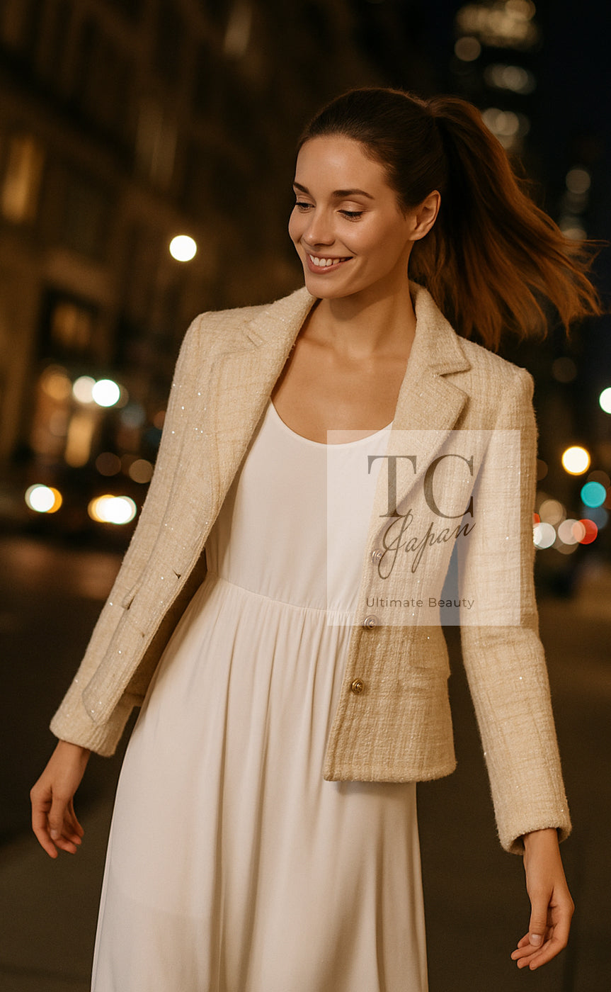 CHANEL 01A Ivory Beige Sequin Wool Tweed Jacket 38 シャネル アイボリー ベージュ スパンコール ウール ツイード ジャケット 即発