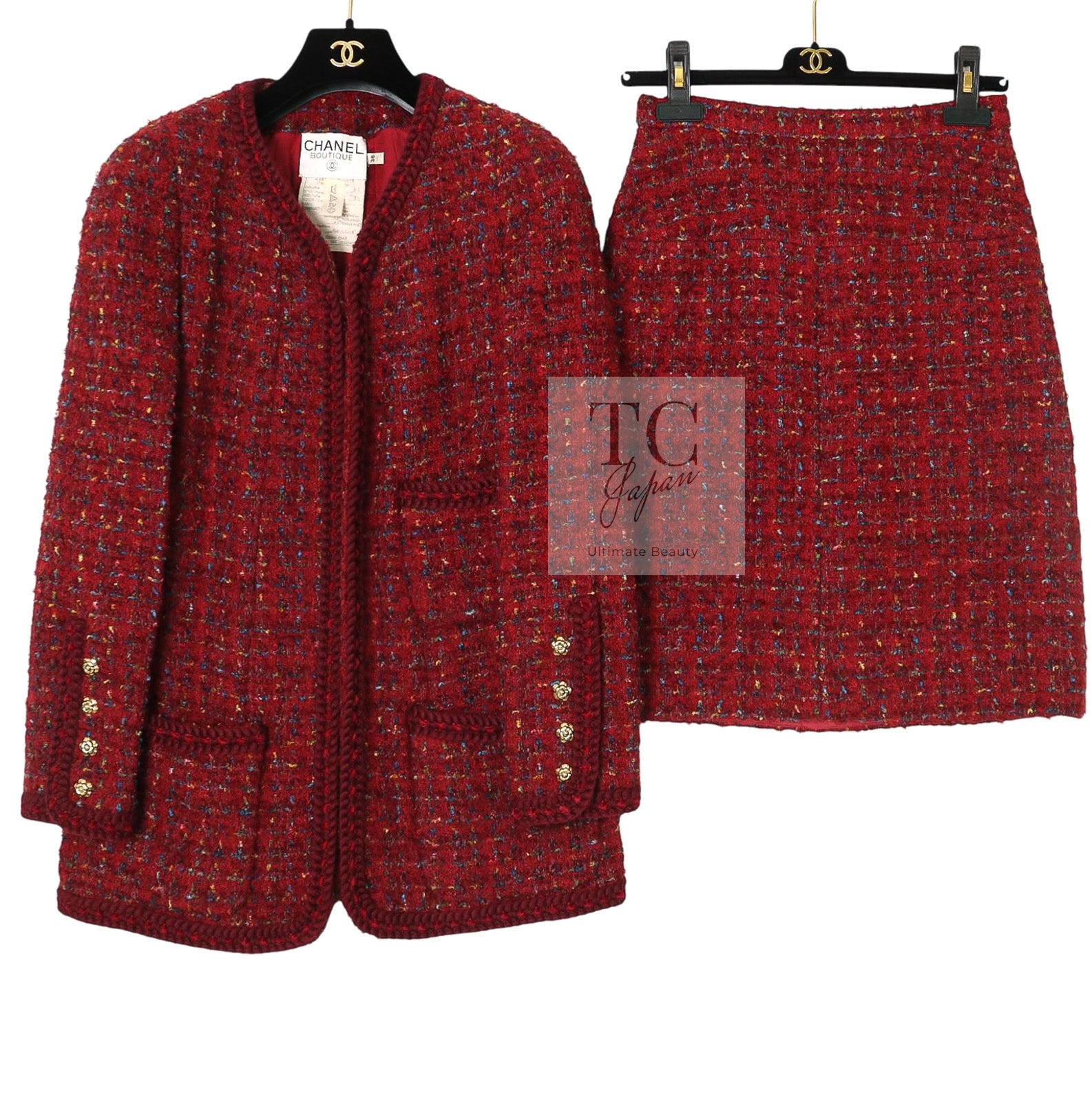 CHANEL 90A Vintage Red Wool Mohair Gold Buttons Jacket Skirt Suit 36 38 シャネル ヴィンテージ レッド ウール モヘア ゴールド ボタン ジャケット スカート スーツ 即発