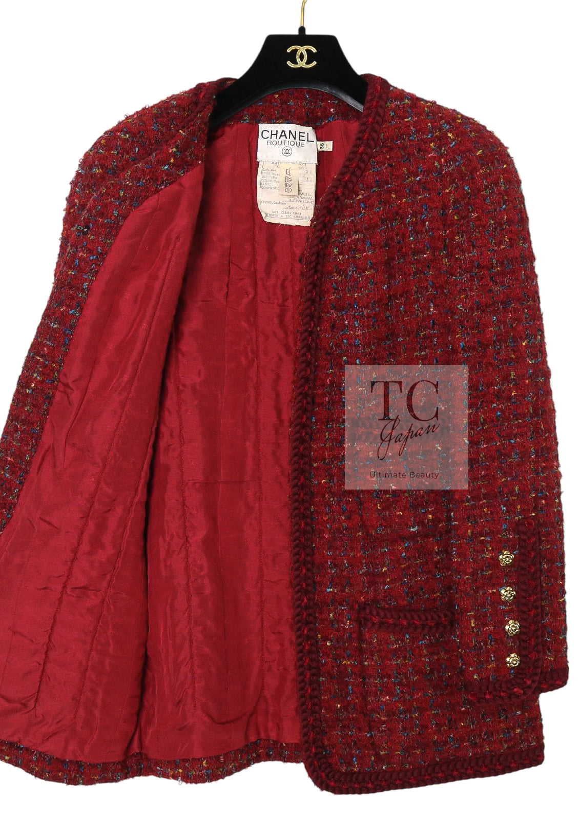 CHANEL 90A Vintage Red Wool Mohair Gold Buttons Jacket Skirt Suit 36 38 シャネル ヴィンテージ レッド ウール モヘア ゴールド ボタン ジャケット スカート スーツ 即発