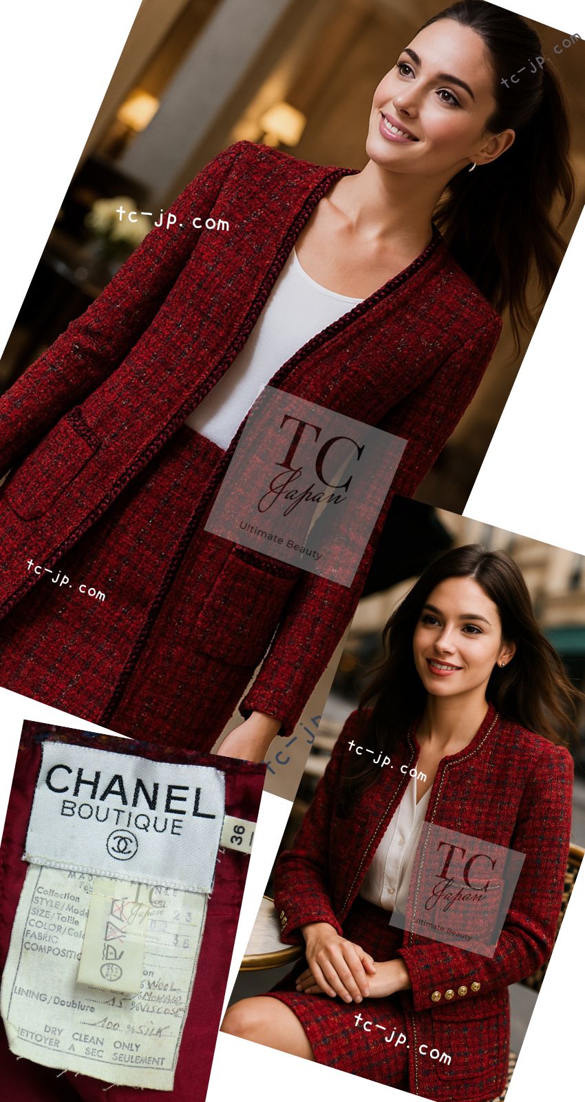 CHANEL 90A Vintage Red Wool Mohair Gold Buttons Jacket Skirt Suit 36 38 シャネル ヴィンテージ レッド ウール モヘア ゴールド ボタン ジャケット スカート スーツ 即発
