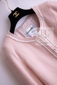 CHANEL 09A Pale Pink Apricot Wool Mohair Collarless Tweed Jacket 34 シャネル ペイル ピンク アプリコット ウール モヘア ノーカラー ツイード ジャケット 即発
