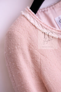 CHANEL 09A Pale Pink Apricot Wool Mohair Collarless Tweed Jacket 34 シャネル ペイル ピンク アプリコット ウール モヘア ノーカラー ツイード ジャケット 即発