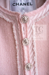 CHANEL 09A Pale Pink Apricot Wool Mohair Collarless Tweed Jacket 34 シャネル ペイル ピンク アプリコット ウール モヘア ノーカラー ツイード ジャケット 即発