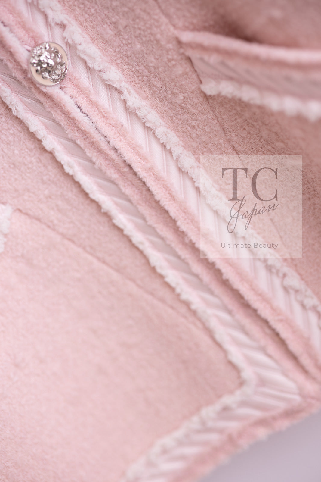 CHANEL 09A Pale Pink Apricot Wool Mohair Collarless Tweed Jacket 34 シャネル ペイル ピンク アプリコット ウール モヘア ノーカラー ツイード ジャケット 即発