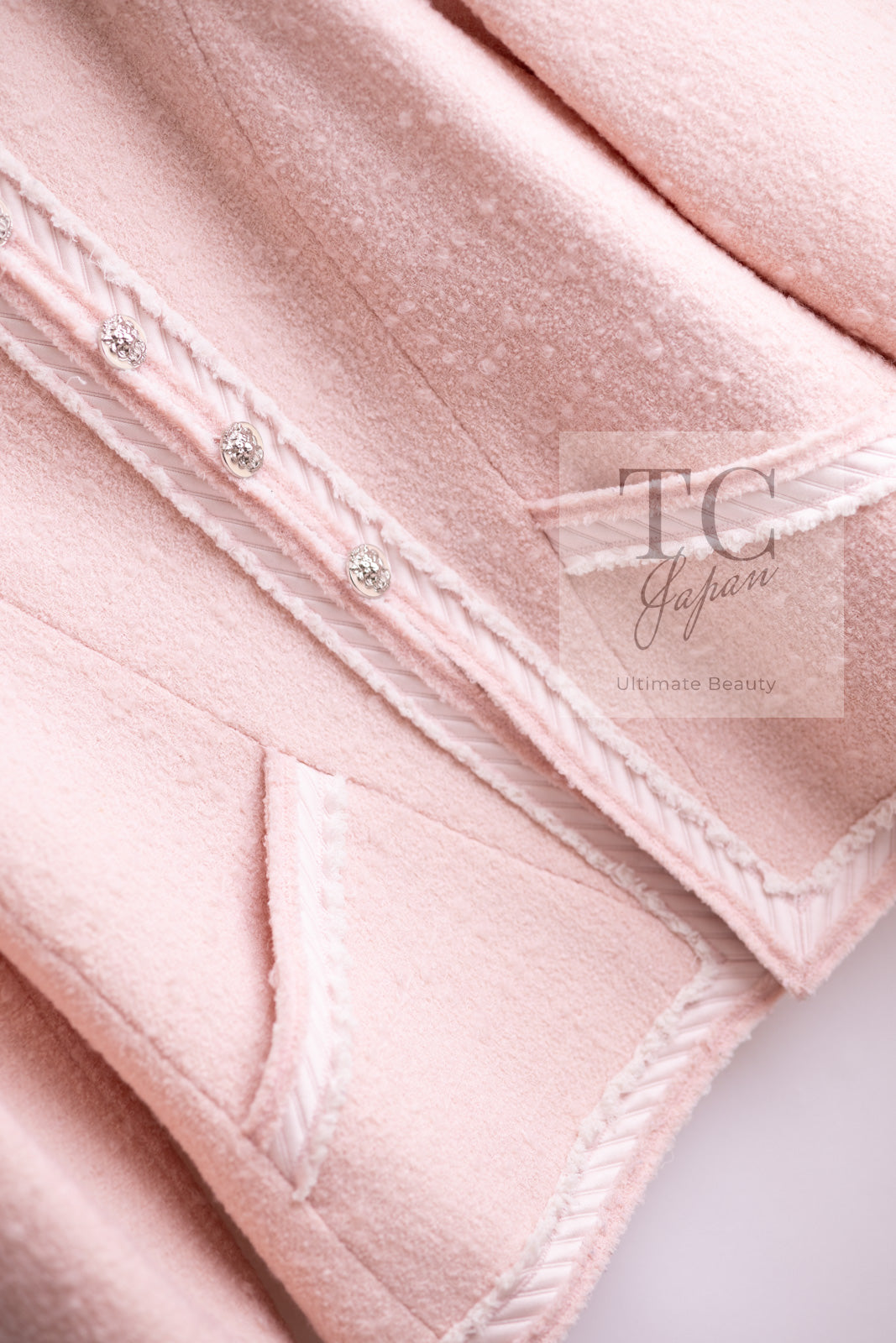 CHANEL 09A Pale Pink Apricot Wool Mohair Collarless Tweed Jacket 34 シャネル ペイル ピンク アプリコット ウール モヘア ノーカラー ツイード ジャケット 即発