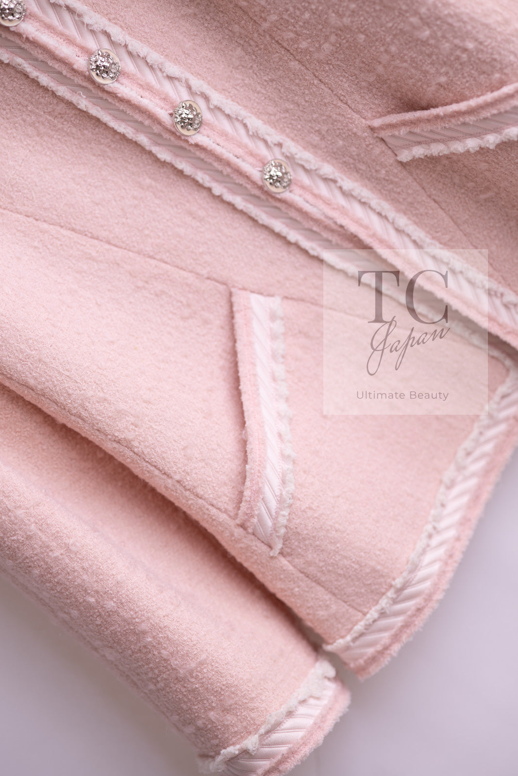 CHANEL 09A Pale Pink Apricot Wool Mohair Collarless Tweed Jacket 34 シャネル ペイル ピンク アプリコット ウール モヘア ノーカラー ツイード ジャケット 即発