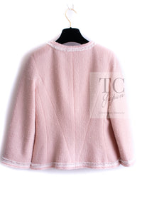 CHANEL 09A Pale Pink Apricot Wool Mohair Collarless Tweed Jacket 34 シャネル ペイル ピンク アプリコット ウール モヘア ノーカラー ツイード ジャケット 即発
